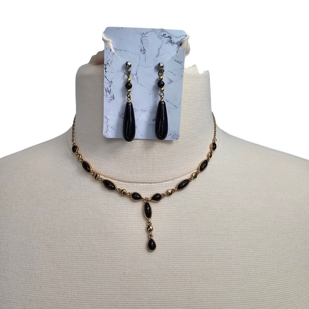 Vintage Necklace Set Goldtone Acrylic Faux Onyx Black Bead Dangle Drop Earrings